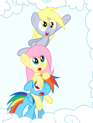 Size: 4210x5585 | Tagged: safe, artist:boulderthedragon, artist:luchocas, derpy hooves, fluttershy, rainbow dash, g4, absurd resolution, cloud, cloudy, colored, filly, pile, pony pile, tower of pony, vector