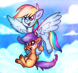 Size: 3476x3275 | Tagged: dead source, safe, artist:flarities, rainbow dash, scootaloo, pegasus, pony, g4, cloud, female, filly, flying, foal, holding a pony, mare, open mouth, scootalove, signature, sky, spread wings, unshorn fetlocks, wings