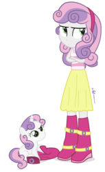 Size: 660x1080 | Tagged: safe, artist:dm29, sweetie belle, human, equestria girls, g4, duo, human ponidox, pony pet, simple background, square crossover, sweetie belle is not amused, transparent background