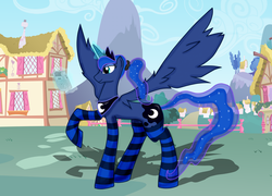 Size: 6418x4624 | Tagged: safe, artist:aceofhearts21, princess luna, gamer luna, g4, absurd resolution, clothes, female, game boy, large wings, long legs, magic, socks, solo, striped socks, stripes, wings