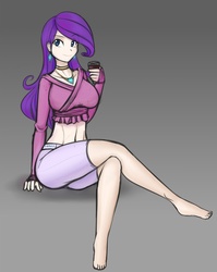 Size: 817x1024 | Tagged: safe, artist:scorpdk, rarity, human, g4, barefoot, belly button, breasts, busty rarity, clothes, ear piercing, earring, feet, female, humanized, jewelry, light skin, looking at you, midriff, necklace, piercing, shorts, sitting, smiling, smiling at you, solo, wine glass