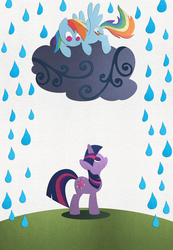 Size: 900x1300 | Tagged: safe, artist:pixelkitties, rainbow dash, twilight sparkle, g4, cloud, rain