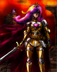 Size: 680x850 | Tagged: safe, artist:johnjoseco, artist:michos, princess cadance, twilight sparkle, human, g4, armor, badass, blob, humanized, light skin, sword, warrior cadance, weapon