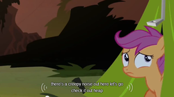 Size: 640x355 | Tagged: safe, screencap, scootaloo, g4, sleepless in ponyville, female, filly, foal, meme, night, solo, tent, youtube caption