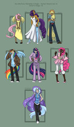 Size: 684x1168 | Tagged: safe, artist:liliy, applejack, fluttershy, pinkie pie, rainbow dash, rarity, trixie, twilight sparkle, human, g4, cape, clothes, dark skin, eared humanization, goggles, hat, horn, horned humanization, humanized, light skin, mane six, moderate dark skin, tailed humanization, trixie's cape, trixie's hat, winged humanization