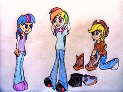 Size: 1024x768 | Tagged: safe, artist:twilight-changeling, applejack, rainbow dash, twilight sparkle, human, g4, humanized, light skin