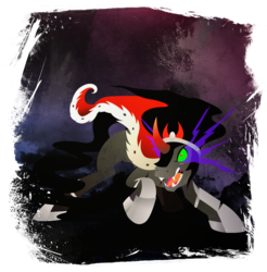 Size: 901x916 | Tagged: safe, artist:rariedash, king sombra, pony, unicorn, g4, abstract background, action pose, clothes, coat, fangs, hooves, horn, lineless, male, open mouth, solo, stallion, teeth