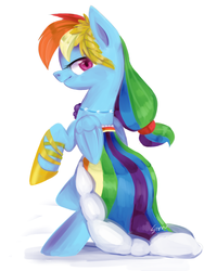 Size: 900x1200 | Tagged: safe, artist:sion, rainbow dash, pegasus, pony, g4, bipedal, clothes, dress, female, gala dress, jewelry, looking at you, mare, necklace, pose, rainbow dash always dresses in style, signature, simple background, solo, standing, white background