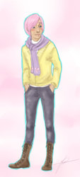 Size: 600x1328 | Tagged: safe, artist:melodicmadness, fluttershy, human, g4, butterscotch, clothes, humanized, light skin, rule 63, solo, sweater, sweatershy