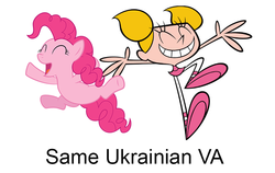 Size: 800x506 | Tagged: safe, pinkie pie, g4, dee dee, dexter's laboratory, exploitable meme, meme, same voice actor, ukrainian