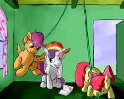 Size: 1280x1024 | Tagged: safe, artist:dragmodnotloc, apple bloom, scootaloo, sweetie belle, earth pony, pegasus, pony, unicorn, g4, book, cutie mark crusaders, female, filly, foal, rainbow wig, rope, wig
