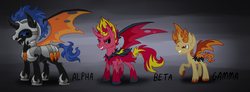 Size: 1477x541 | Tagged: safe, artist:wolframclaws, flash sentry, snails, sunset shimmer, alicorn, bat pony, bat pony alicorn, demon, pony, g4, corrupted, equestria girls ponified, ponified, prince flash sentry, snailsicorn, sunset satan