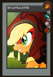 Size: 295x426 | Tagged: safe, artist:yudhaikeledai, part of a set, applejack, g4, animated, beastmaster, dota 2, female, grin, hair over one eye, hood, part of a series, ponified dota 2 cards, smiling, solo, squee, yay