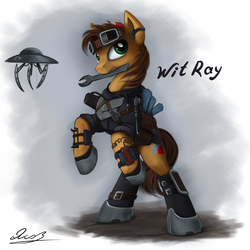 Size: 1500x1500 | Tagged: safe, artist:yakovlev-vad, oc, oc only, oc:wit ray, earth pony, pony, goggles, mechanic, solo, wrench