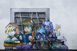 Size: 1000x667 | Tagged: safe, artist:saturnspace, derpy hooves, doctor whooves, princess luna, star hunter, time turner, alicorn, earth pony, pegasus, pony, clockwise whooves, g4, book, clothes, female, jack harkness, male, mare, reading