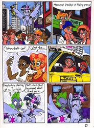 Size: 1280x1742 | Tagged: safe, artist:newyorkx3, spike, twilight sparkle, alicorn, dragon, human, pony, comic:twilight and the big city, g4, car, cellphone, cleavage, comic, female, flying, male, mare, my little pony logo, new york, phone, smartphone, smiling, squee, target demographic, taxi, traditional art, twilight sparkle (alicorn)