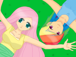 Size: 499x374 | Tagged: safe, artist:danteskitten, fluttershy, rainbow dash, human, g4, duo, female, humanized, lesbian, light skin, ship:flutterdash, shipping