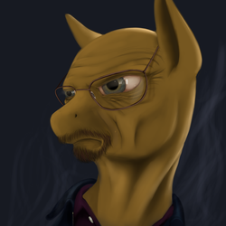 Size: 1280x1280 | Tagged: safe, artist:tres-apples, pony, adult, backlighting, bald, beard, bloodshot eyes, breaking bad, bust, clothes, digital painting, facial hair, glasses, heisenberg, middle aged, ponified, solo, unamused, walter white, wrinkles