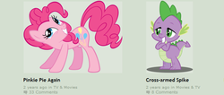 Size: 625x264 | Tagged: safe, pinkie pie, spike, dragon, earth pony, pony, g4, deviantart, exploitable meme, eyes on the prize, female, juxtaposition, juxtaposition win, looking at butt, male, mare, meme, ship:pinkiespike, shipping, straight