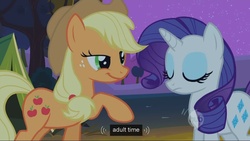 Size: 1023x576 | Tagged: safe, edit, screencap, applejack, rarity, earth pony, unicorn, g4, sisterhooves social, duo, female, hub logo, lesbian, meme, ship:rarijack, shipping, tent, youtube caption