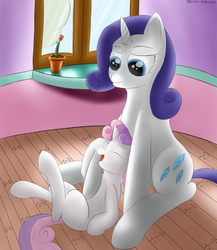 Size: 920x1058 | Tagged: safe, artist:dreambreaker, rarity, sweetie belle, pony, unicorn, g4, bellyrubs, cute, diasweetes, female, sibling love, sisterly love, sisters, tickling, tulip, window