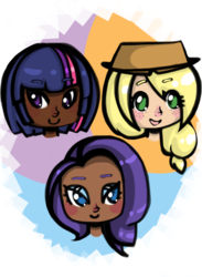 Size: 704x960 | Tagged: safe, artist:yunkitty, applejack, rarity, twilight sparkle, human, g4, dark skin, humanized, light skin