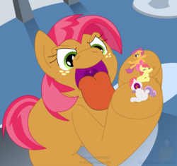 Size: 1064x1000 | Tagged: safe, artist:trowelhands, apple bloom, babs seed, scootaloo, sweetie belle, earth pony, pony, g4, babs eat, cutie mark crusaders, female, imminent vore, in goliath's palm, macro, micro, open mouth, scared