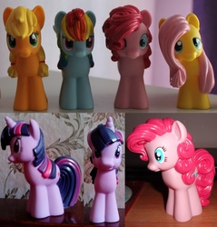 Size: 1157x1211 | Tagged: safe, applejack, fluttershy, pinkie pie, rainbow dash, twilight sparkle, g4, female, irl, photo, rubber, squeak, toy