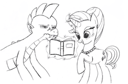 Size: 748x490 | Tagged: safe, artist:queencold, rarity, spike, dragon, pony, unicorn, g4, book, horn, monochrome, older, older spike, sketch, teenage spike, teenaged dragon, teenager