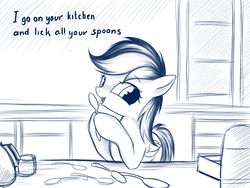Size: 1024x768 | Tagged: safe, artist:rainbow, rainbow dash, pegasus, pony, g4, bronybait, creepy, creepy rainbow dash, cute, dialogue, engrish, female, kitchen, licking, mare, monochrome, pure unfiltered evil, solo, spoon, stalker, why