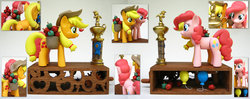 Size: 1024x404 | Tagged: safe, artist:renegadecow, applejack, pinkie pie, earth pony, pony, g4, apple, automaton, balloon, cowboy hat, craft, customized toy, duo, female, food, hat, kinetic sculpture, mare, sculpture, trophy, woodwork