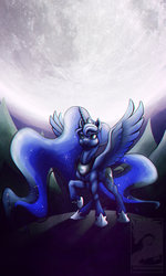 Size: 692x1153 | Tagged: safe, artist:annacurser, artist:chubby-kirin, princess luna, alicorn, pony, g4, ethereal mane, female, mare, moon, raised hoof, solo, starry mane