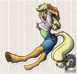 Size: 911x877 | Tagged: safe, artist:chubby-kirin, applejack, earth pony, anthro, unguligrade anthro, g4, applejack's hat, clothes, cowboy hat, female, hat, hooves, solo, stetson, underhoof