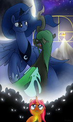 Size: 692x1154 | Tagged: safe, artist:conicer, princess luna, queen chrysalis, oc, alicorn, changeling, pony, unicorn, g4, fanfic, fanfic art, fibonacci spiral, golden ratio