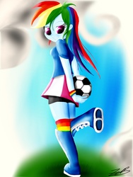 Size: 768x1024 | Tagged: safe, artist:jabbie64, rainbow dash, equestria girls, g4, clothes, female, football, looking back, looking down, raised leg, signature, skirt, solo, sports