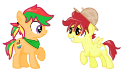 Size: 930x540 | Tagged: safe, artist:unoriginai, oc, oc only, oc:dusty, oc:zapple, pegasus, pony, brothers, colt, duo, earth, hat, magical lesbian spawn, male, offspring, parent:apple bloom, parent:scootaloo, parents:scootabloom, simple background, straw hat, white background
