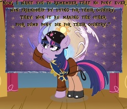 Size: 700x603 | Tagged: safe, twilight sparkle, g4, famous movie scene, female, flag, military uniform, patton, quote, riding crop, solo, stage