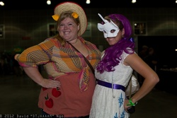 Size: 2048x1365 | Tagged: artist needed, safe, applejack, rarity, human, g4, comikaze expo, cosplay, irl, irl human, mask, photo