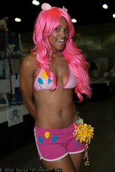 Size: 1365x2048 | Tagged: safe, artist:flirty fillies, artist:xaleux, pinkie pie, human, g4, belly, belly button, bikini top, breasts, cleavage, comikaze expo, cosplay, female, irl, irl human, photo, solo