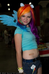 Size: 1365x2048 | Tagged: safe, artist:flirty fillies, rainbow dash, human, g4, belly, belly button, comikaze expo, cosplay, irl, irl human, photo, solo