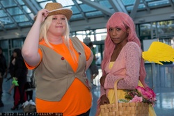 Size: 2048x1365 | Tagged: safe, applejack, fluttershy, human, g4, comikaze expo, convention, cosplay, irl, irl human, photo