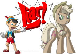 Size: 3508x2480 | Tagged: safe, artist:crispokefan, applejack, g4, ace attorney, crossover, discorded, liarjack, objection, pinocchio, pot calling the kettle black, simple background, transparent background