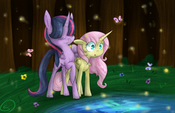 Size: 1158x748 | Tagged: safe, artist:xxshellbellxx, fluttershy, twilight sparkle, alicorn, butterfly, firefly (insect), pony, g4, alicornified, floppy ears, fluttercorn, race swap, twilight sparkle (alicorn)