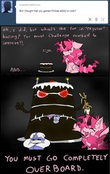 Size: 950x1500 | Tagged: safe, artist:ichibangravity, king sombra, pinkie pie, oc, ask king sombra pie, g4, cake, makel blanco, monster, possessed, rae mix, triste savoir, tumblr