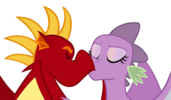 Size: 900x524 | Tagged: safe, artist:queencold, oc, oc only, dragon, cliche, dragoness, forbidden love, kissing, parent:garble, parent:spike, romeo and juliet, shipping, simple background, teenaged dragon, transparent background