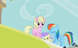 Size: 704x432 | Tagged: safe, screencap, cream puff, millie, rainbow dash, snappy scoop, earth pony, pegasus, pony, g4, the mysterious mare do well, animated, baby, baby flip, cameras, female, loop, mare, reversed, throwing