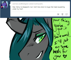 Size: 427x359 | Tagged: safe, artist:mlpfwb, queen chrysalis, insect, g4, ask, female, heart, solo, speech bubble, tumblr