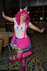 Size: 1365x2048 | Tagged: safe, artist:dtjaaaam, pinkie pie, human, g4, cosplay, dragon con, hat, irl, irl human, leg warmers, party hat, photo, solo, suspenders