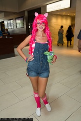 Size: 1365x2048 | Tagged: safe, artist:dtjaaaam, gummy, pinkie pie, human, g4, cosplay, dragon con, glasses, irl, irl human, overalls, photo, plushie