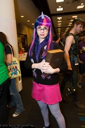 Size: 1365x2048 | Tagged: safe, artist:dtjaaaam, twilight sparkle, human, g4, book, clothes, cosplay, dragon con, glasses, irl, irl human, photo, skirt